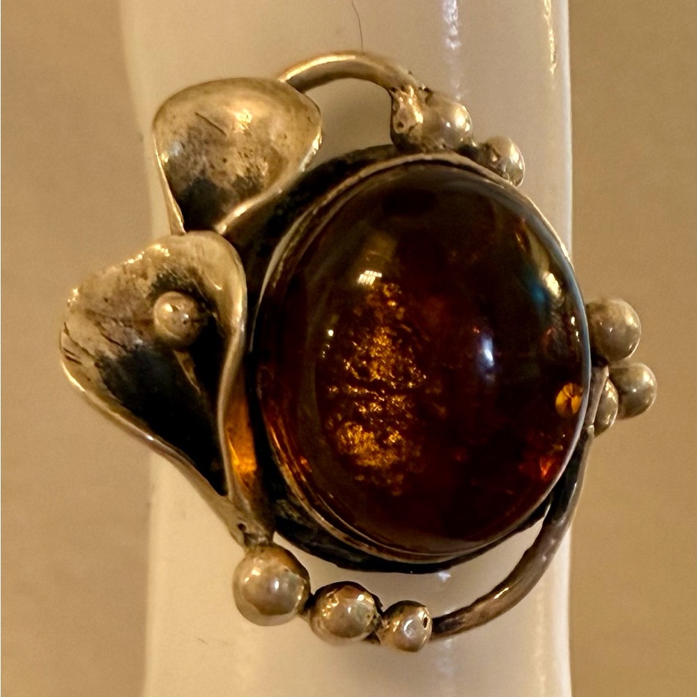 Artisan Sterling Silver Amber Statement Ring - Brown Amber